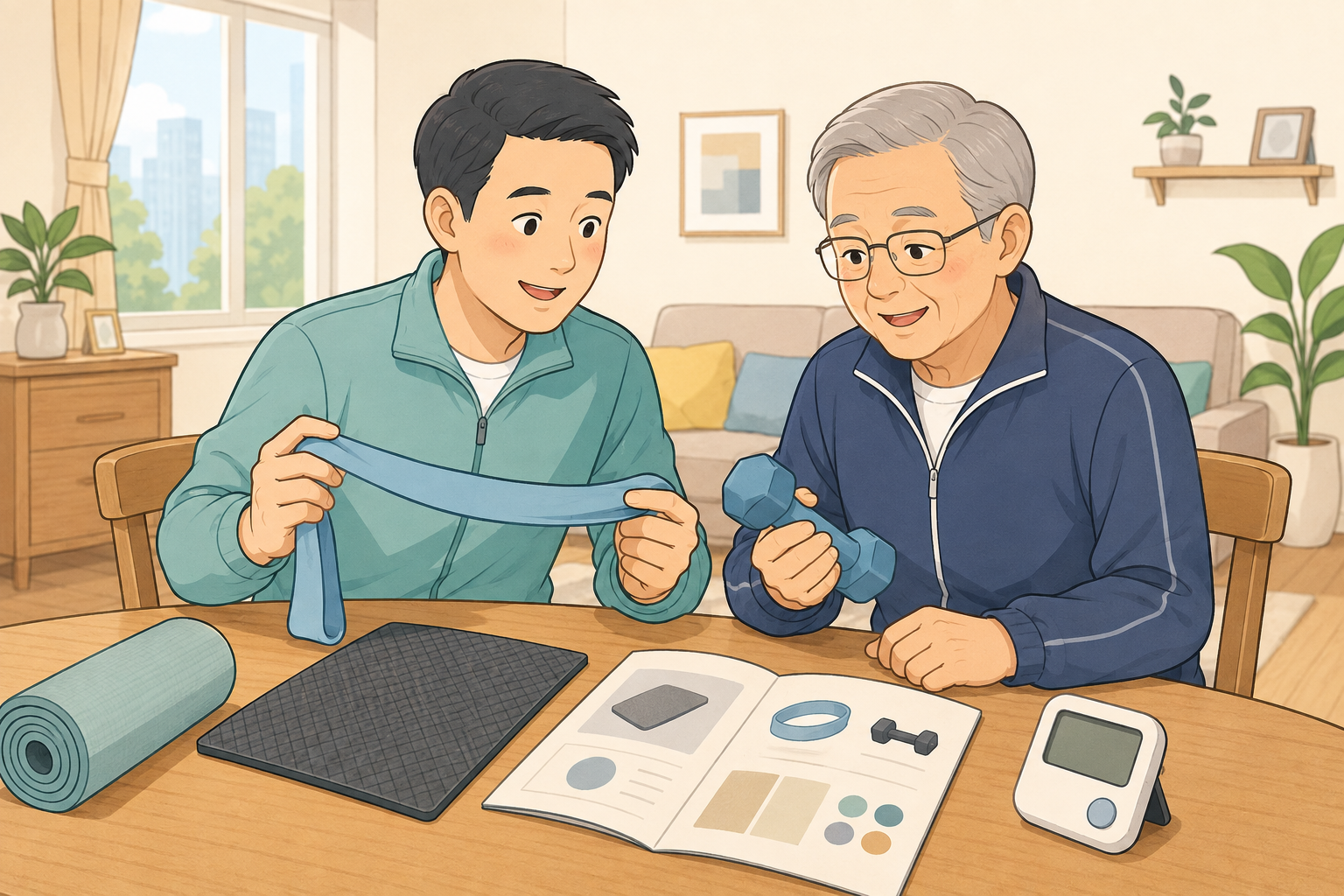 照顧者陪同長者比較彈力帶、防滑墊、輕啞鈴和計時器