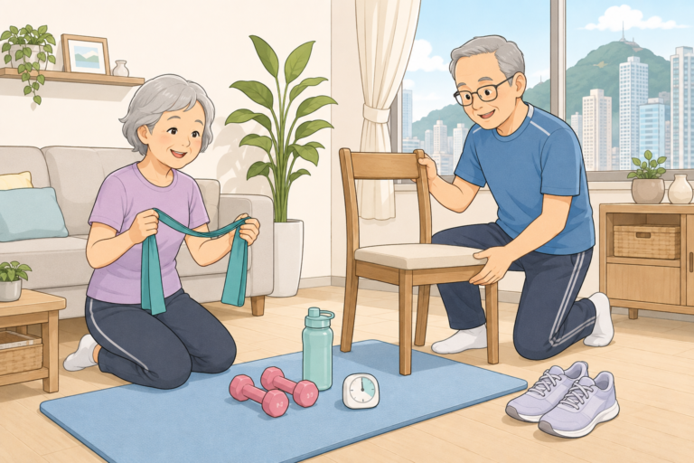 長者在家訓練工具，包括穩固椅子、彈力帶、防滑墊、輕啞鈴、計時器和運動鞋
