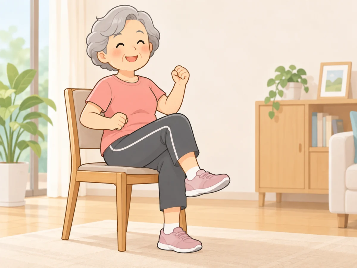 長者坐在穩固椅子上進行坐姿抬膝運動